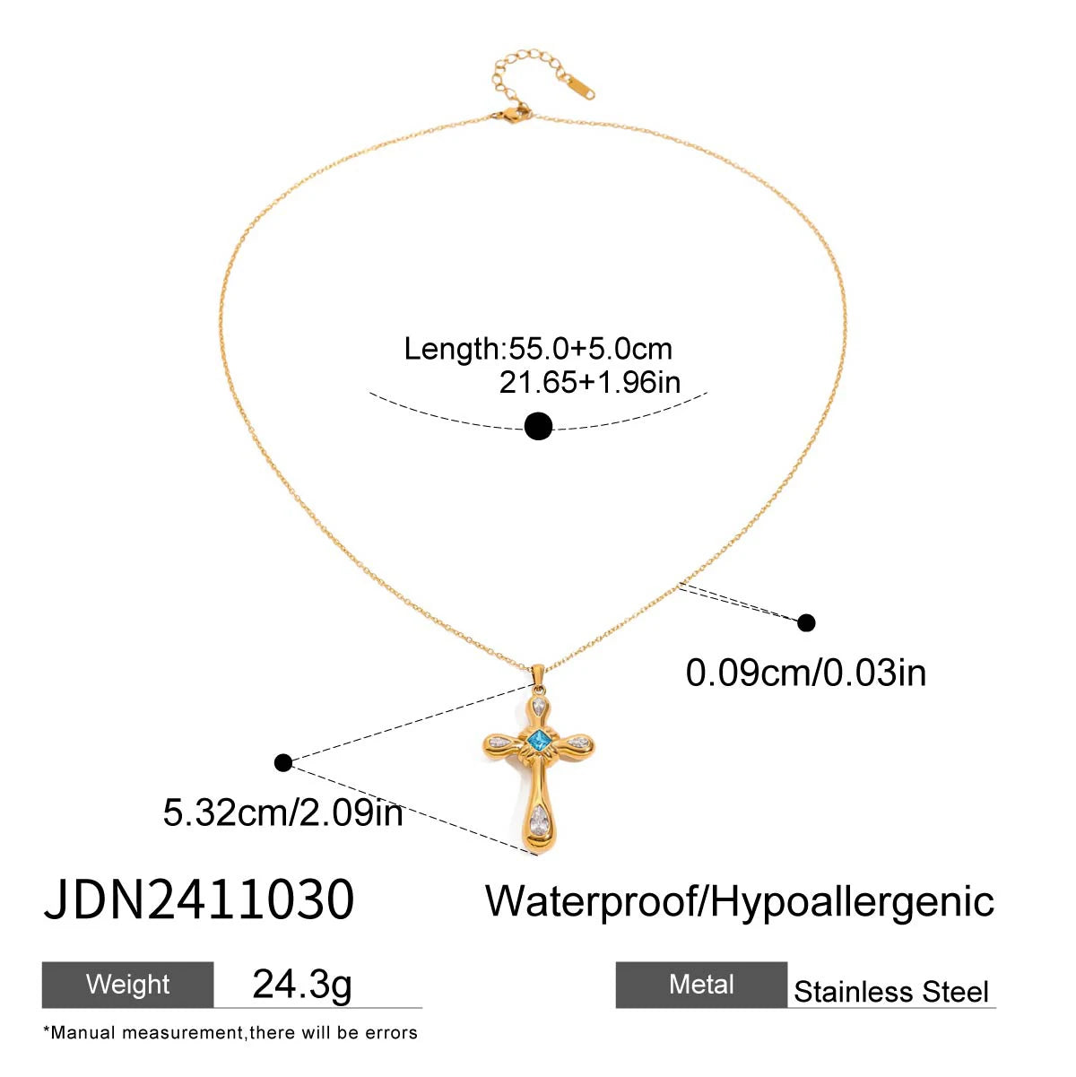 Zirconia Cross Pendant Stainless Steel Luxury Necklace