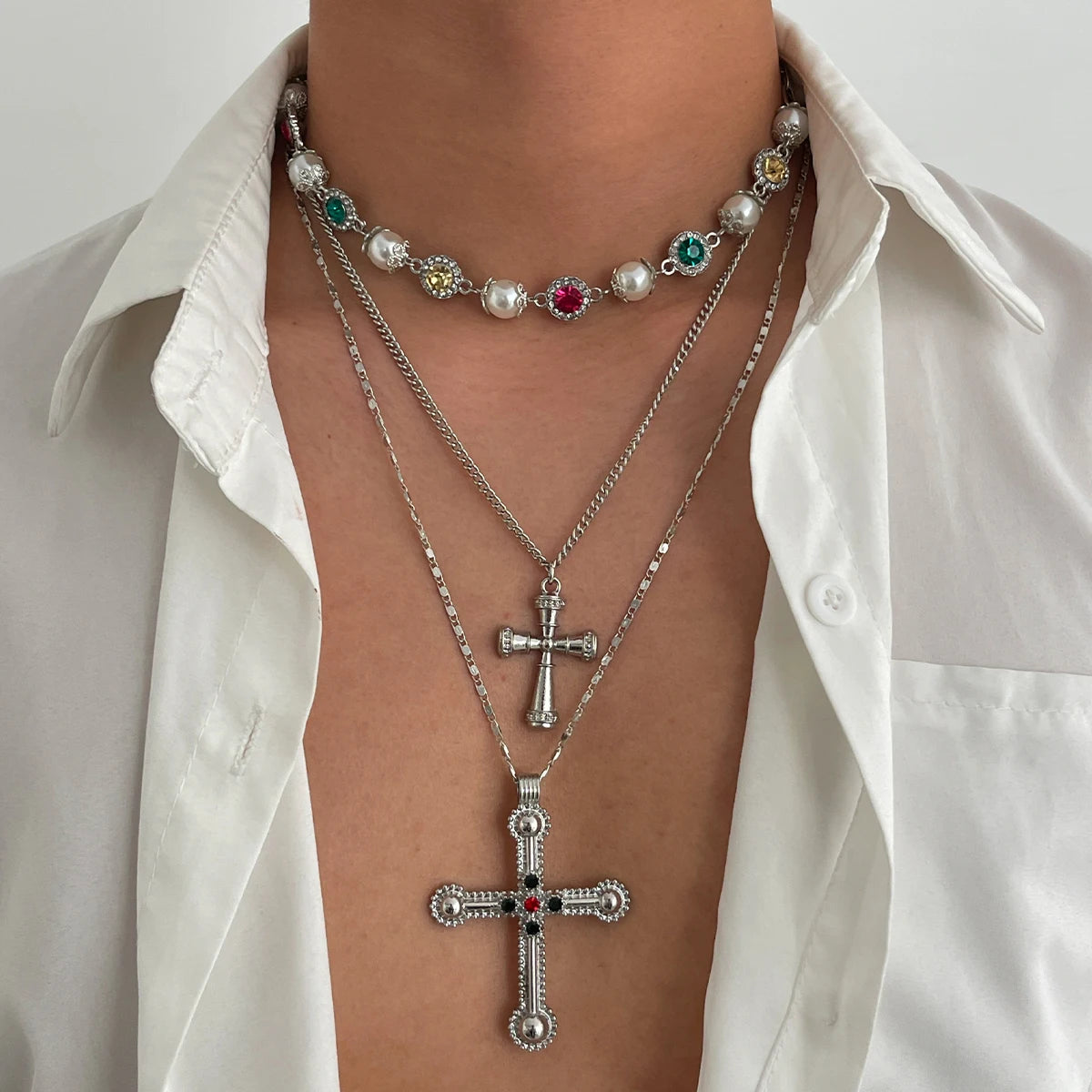 Colorful Rhinestone Jesus Cross Pendant Necklace