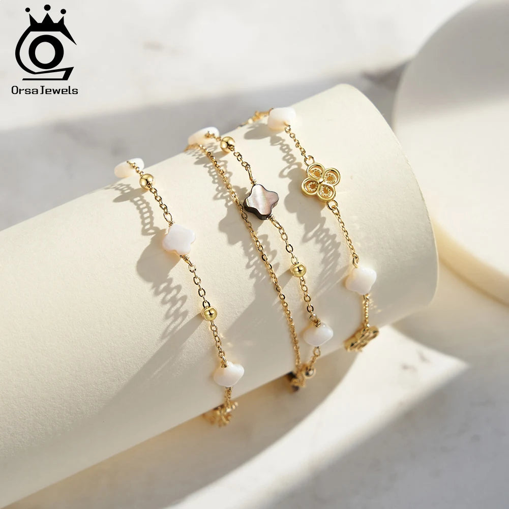 925 Sterling Silver Four-Leaf Clover Shell Bracelet