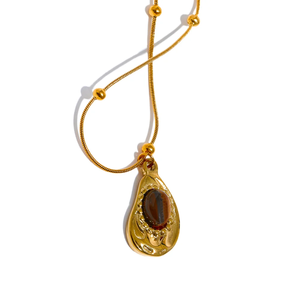 Cashew Drop Natural Tiger Stone Pendant Necklace 18K Jewelry