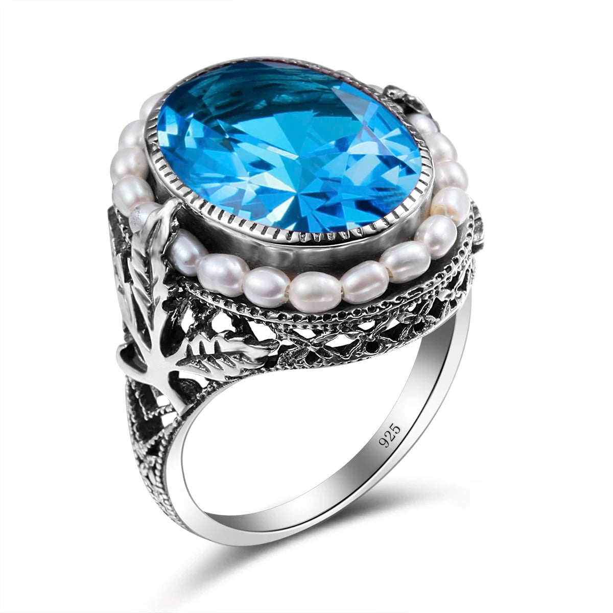 Real Pearl 925 Silver Rings Topaz Aquamarine Big Gemstone