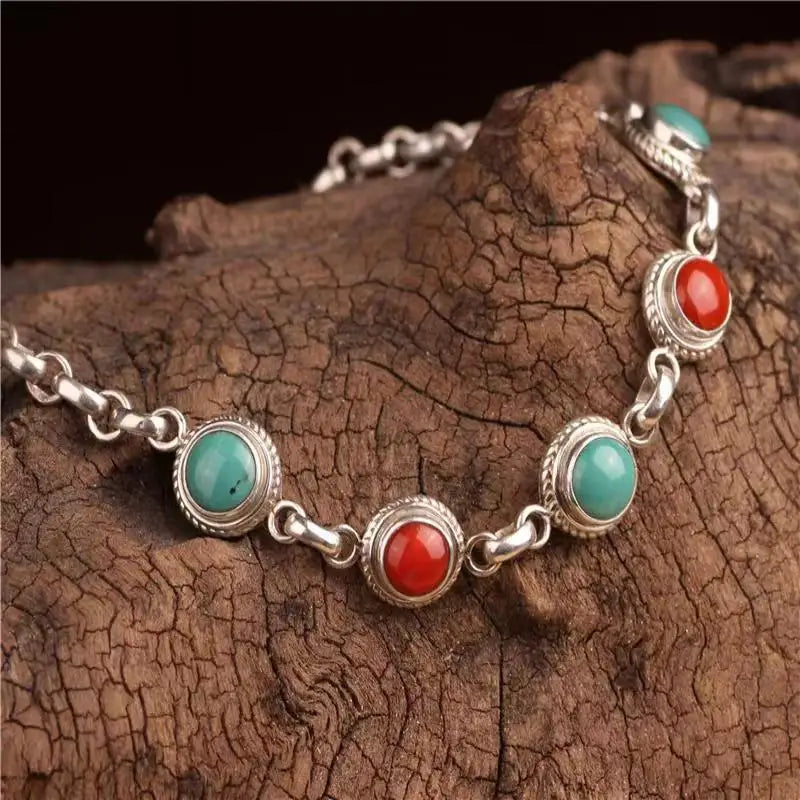 Retro ethnic style southern turquoise bangles silver 925 charm bracelet for women