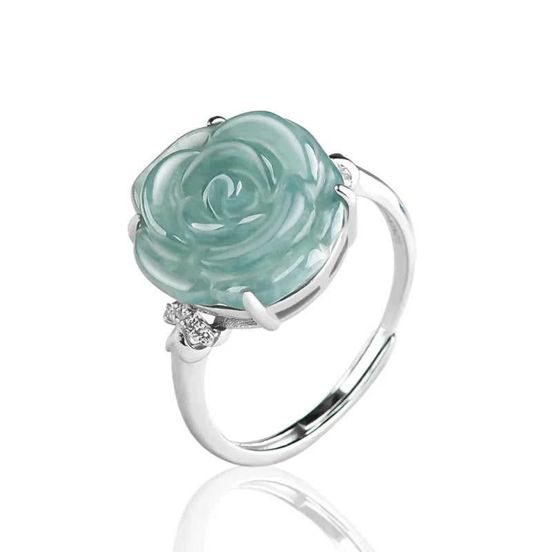 Jadeite Rose Jewelry Set Ring Earrings Pendant Necklace 925 Silver