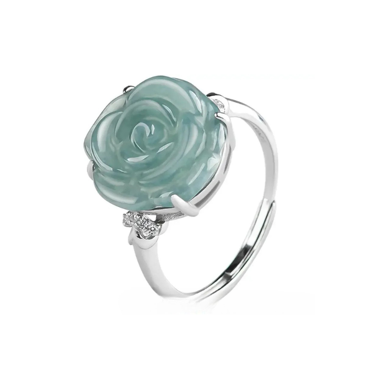 Jadeite Rose Jewelry Set Ring Earrings Pendant Necklace 925 Silver