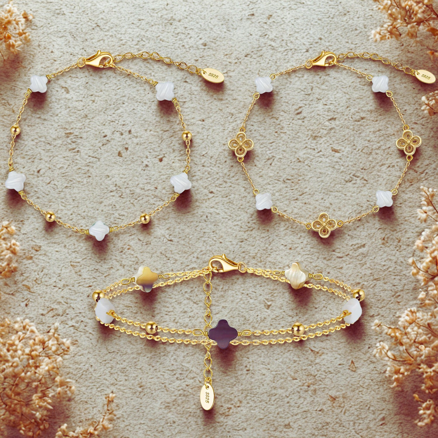925 Sterling Silver Four-Leaf Clover Shell Bracelet