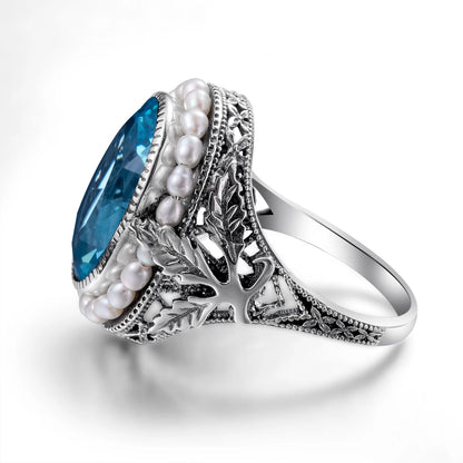 Real Pearl 925 Silver Rings Topaz Aquamarine Big Gemstone