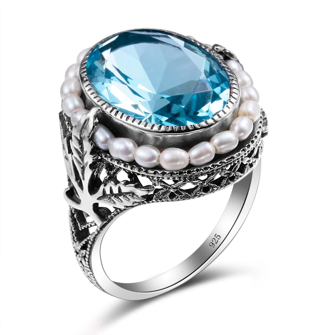 Real Pearl 925 Silver Rings Topaz Aquamarine Big Gemstone