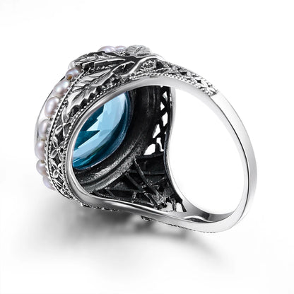 Real Pearl 925 Silver Rings Topaz Aquamarine Big Gemstone