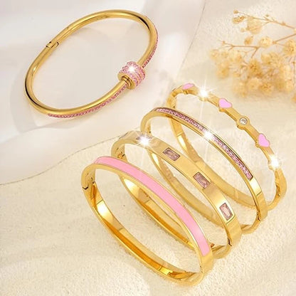 18K Stainless Steel Pink Crystal Love Heart Bracelet
