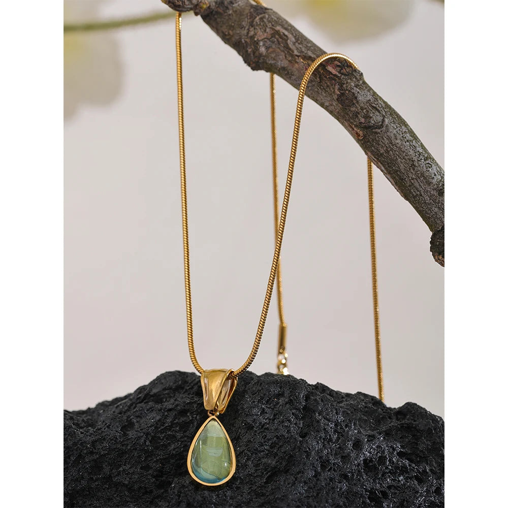 Green Crystal Water Drop Pendant Necklace for Women 316l Stainless Steel