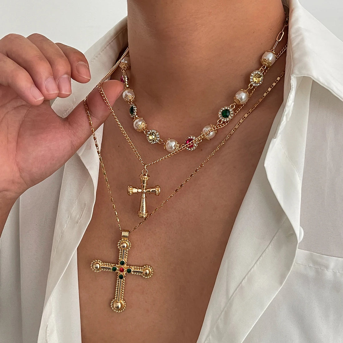 Colorful Rhinestone Jesus Cross Pendant Necklace