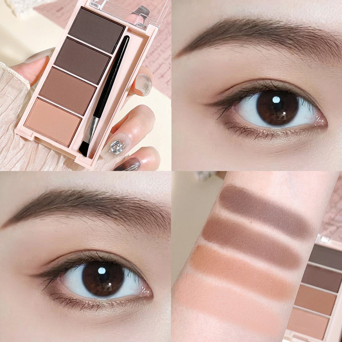 Eyebrow powder trays with brushes in gray and brown matte tones for long-lasting color.
