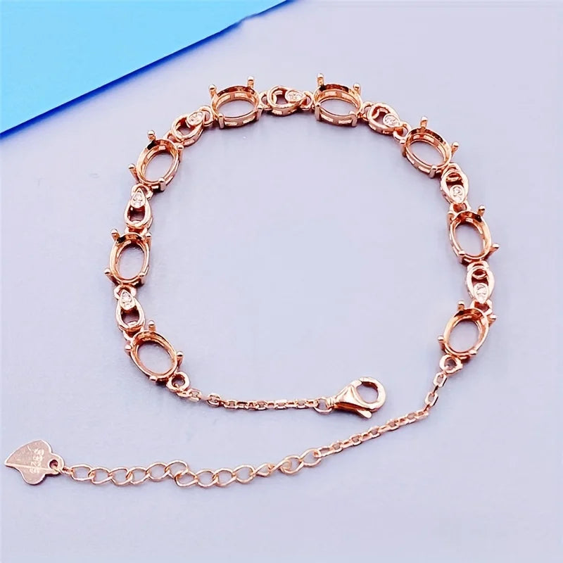 Stones Oval Solid 925 Sterling Silver Rose Bracelet