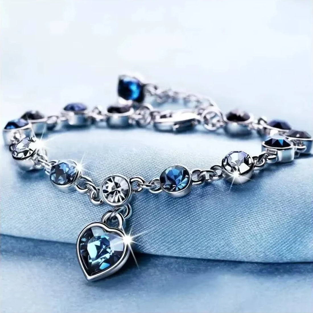 Women Silver Color Bracelet Blue Crystal Heart Charm