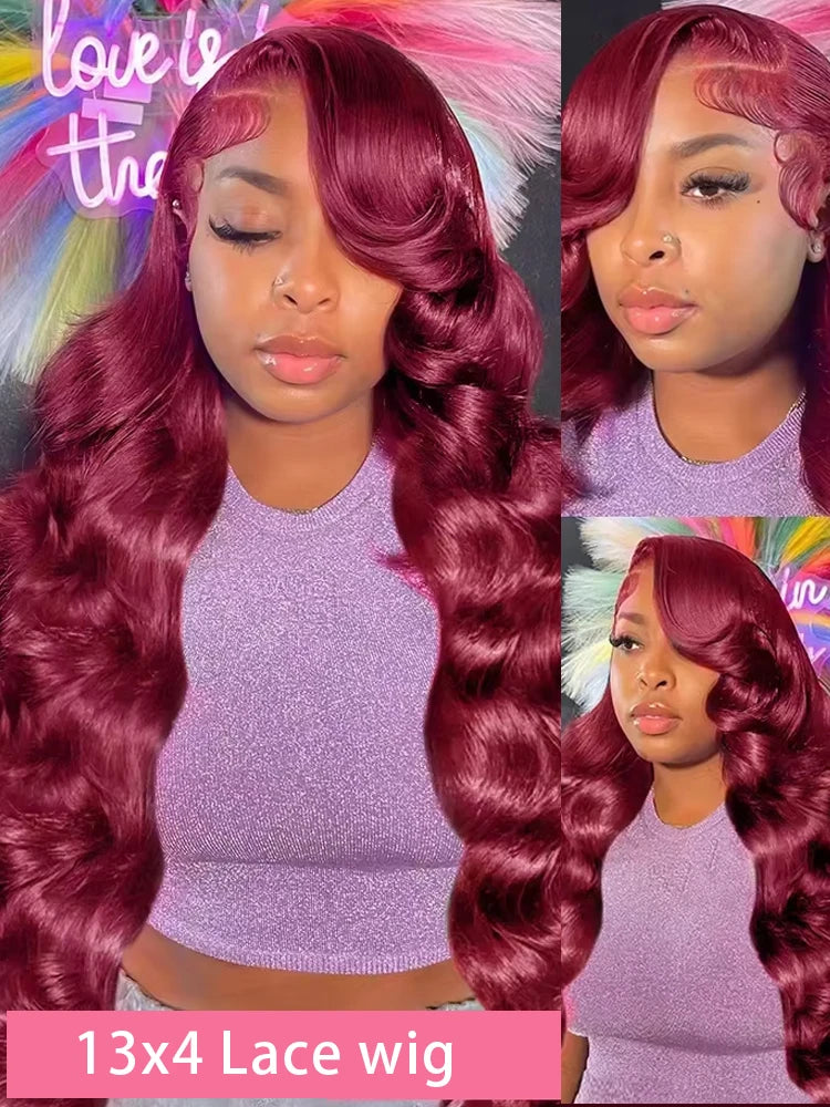 Body Wave Wig Burgundy Lace Front Human Hair