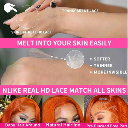 HD Orange Ginger Lace Front Wig 100% Human Brazilian Hair