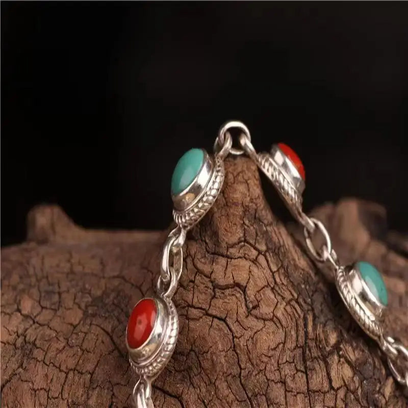 Retro ethnic style southern  turquoise bangles silver 925 charm bracelet for women