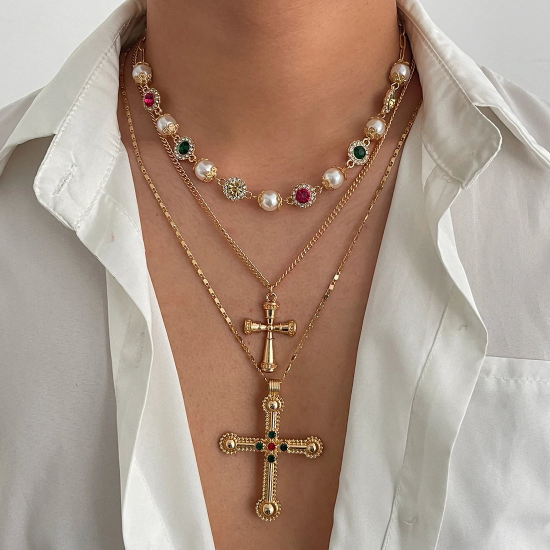 Colorful Rhinestone Jesus Cross Pendant Necklace