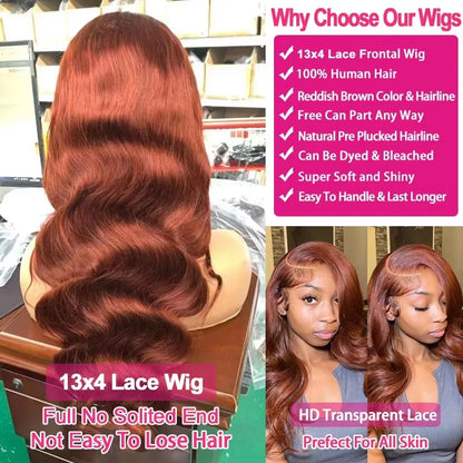 Reddish Brown Body Wave Wigs HD Lace Frontal Wigs Brazilian 100% Virgin Hair