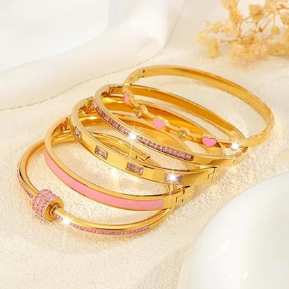 18K Stainless Steel Pink Crystal Love Heart Bracelet