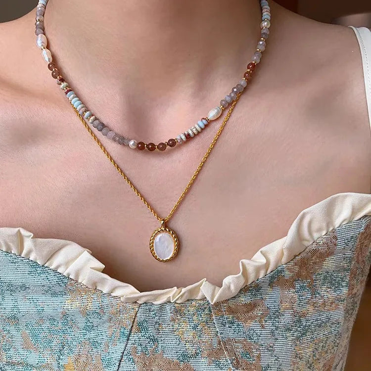 Pure Handmade Natural Stone Chain Pearl Pendant Necklace