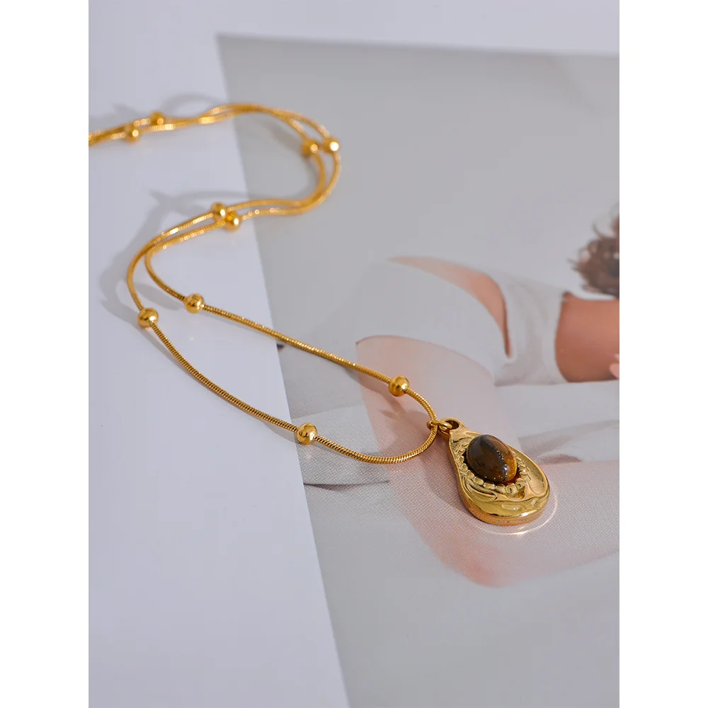Cashew Drop Natural Tiger Stone Pendant Necklace 18K Jewelry