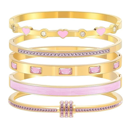 18K Stainless Steel Pink Crystal Love Heart Bracelet