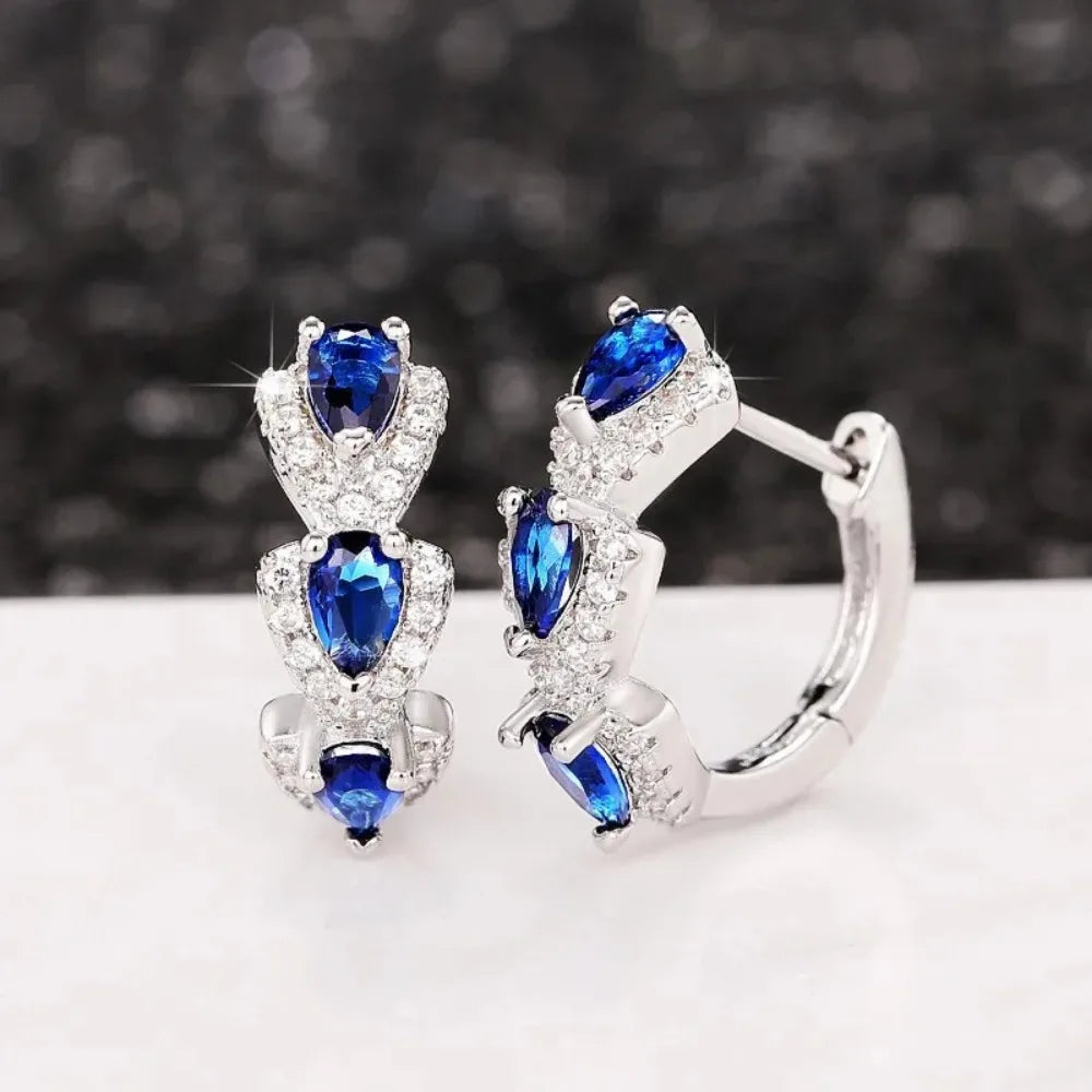 925 Sterling Silver  Trendy Blue Cubic Zirconia Hoop Earrings