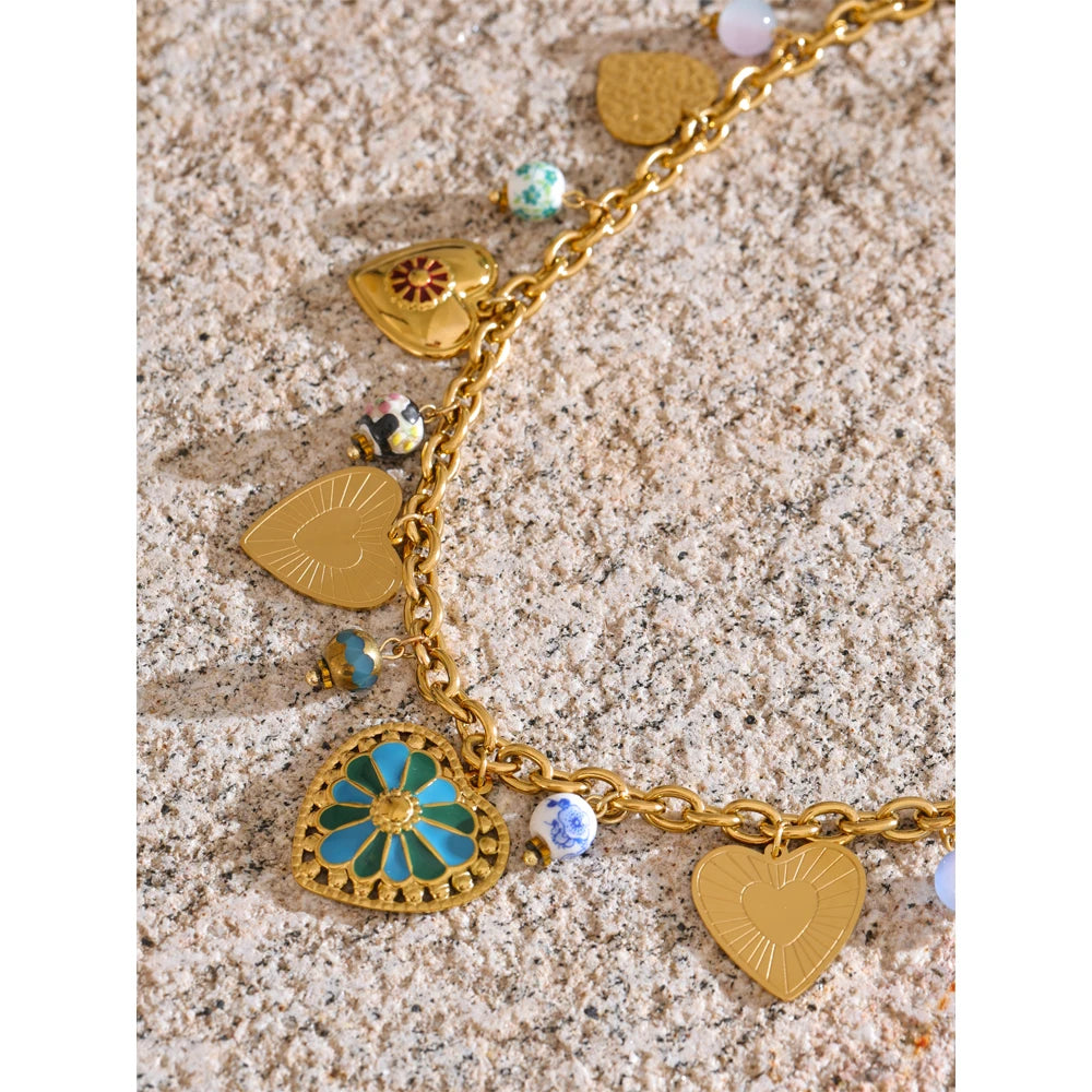 Stainless Steel Charms Beads Heart Love Drop Necklace