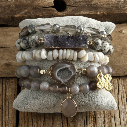 Boho Beaded Bracelet Set-Natural Stone &amp; Druzy 5pc Bracelets