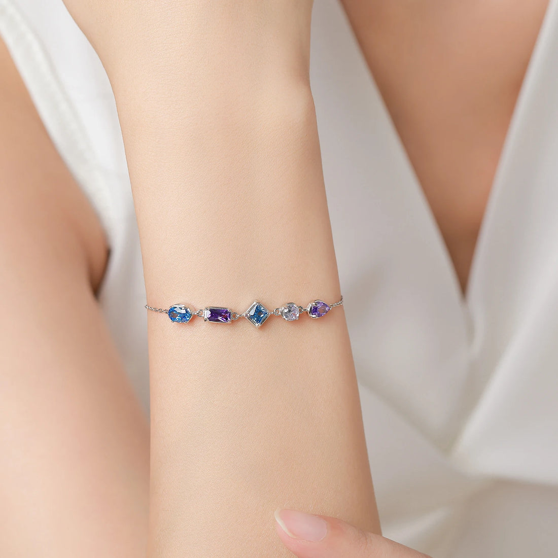Blue Purple Zircon Geometric Design Chain Bracelet For Women