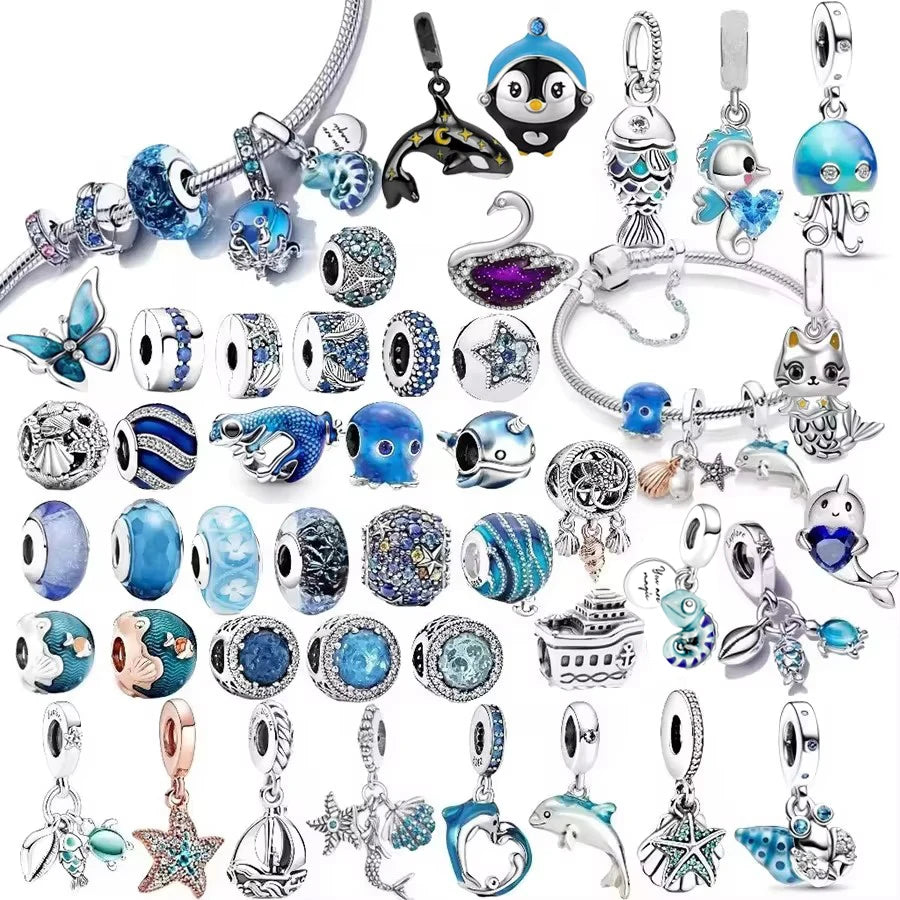 Blue Marine Organism Series Charm  Jewelry Fit Original 925 Sterling Silver