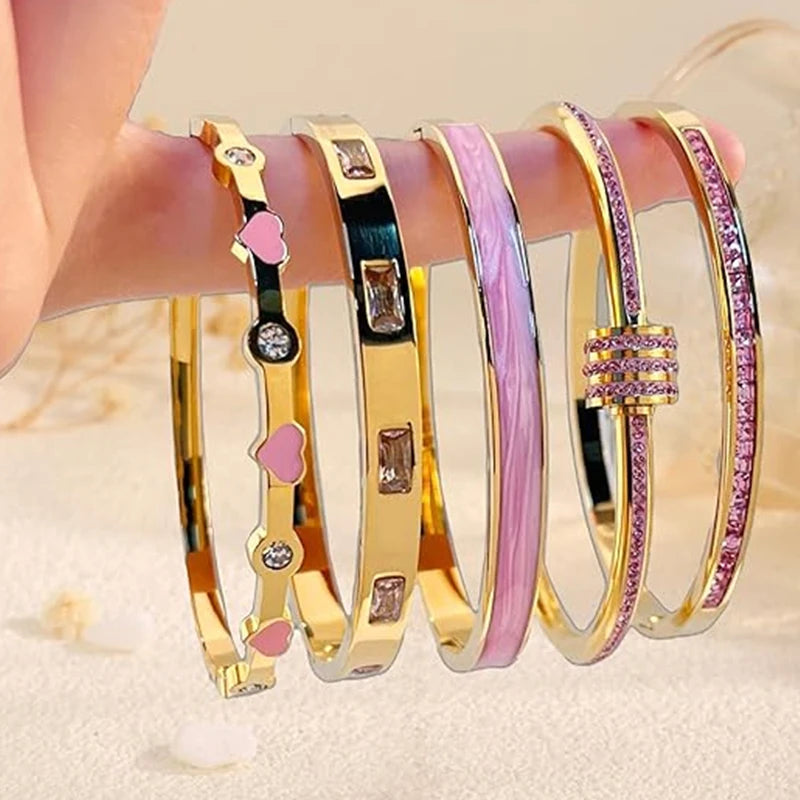 18K Stainless Steel Pink Crystal Love Heart Bracelet