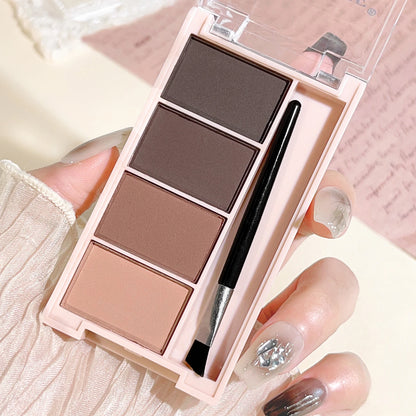 Eyebrow powder trays with brushes in gray and brown matte tones for long-lasting color.