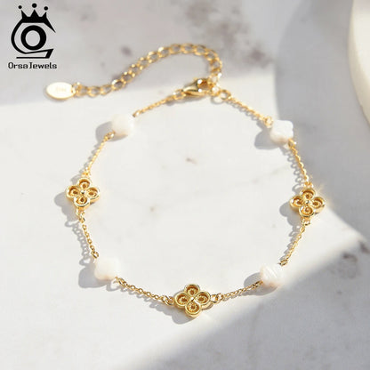 925 Sterling Silver Four-Leaf Clover Shell Bracelet