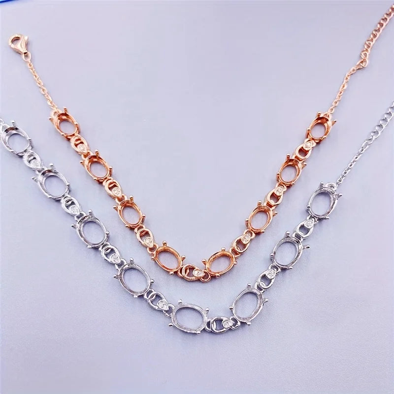 Stones Oval Solid 925 Sterling Silver Rose Bracelet