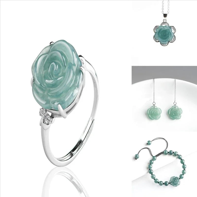 Jadeite Rose Jewelry Set Ring Earrings Pendant Necklace 925 Silver