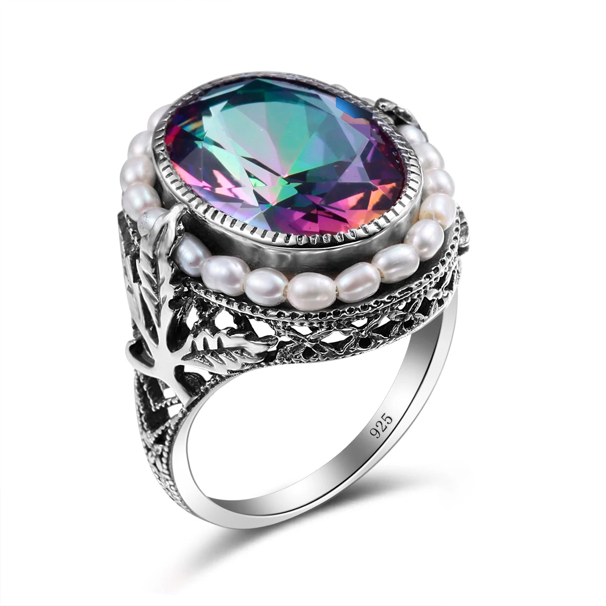 Real Pearl 925 Silver Rings Topaz Aquamarine Big Gemstone