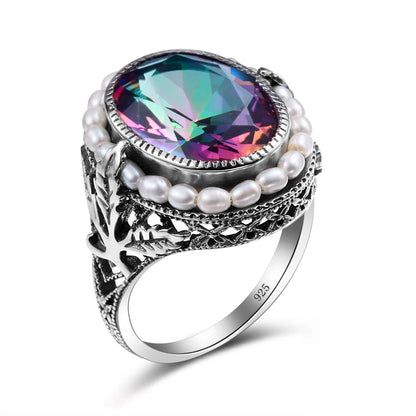 Real Pearl 925 Silver Rings Topaz Aquamarine Big Gemstone