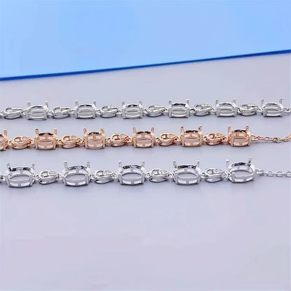 Stones Oval Solid 925 Sterling Silver Rose Bracelet