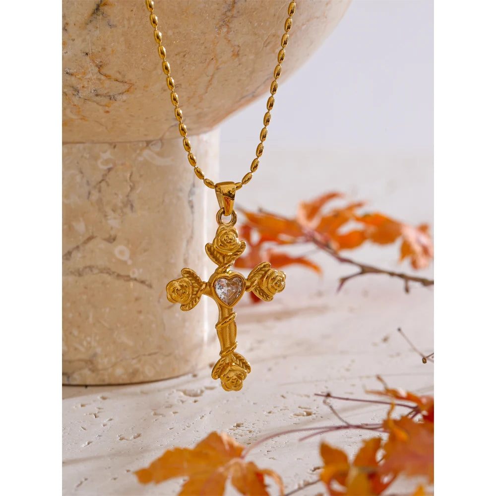 Fashion Zircon Rose Flower Cross Pendant Necklace 18K Aesthetic Golden Jewelry