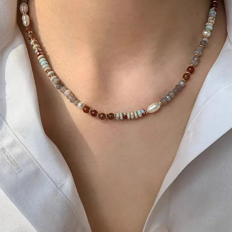 Pure Handmade Natural Stone Chain Pearl Pendant Necklace