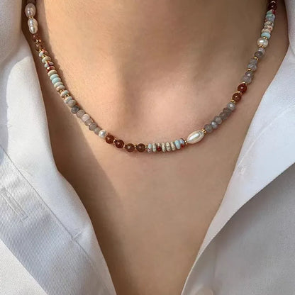 Pure Handmade Natural Stone Chain Pearl Pendant Necklace