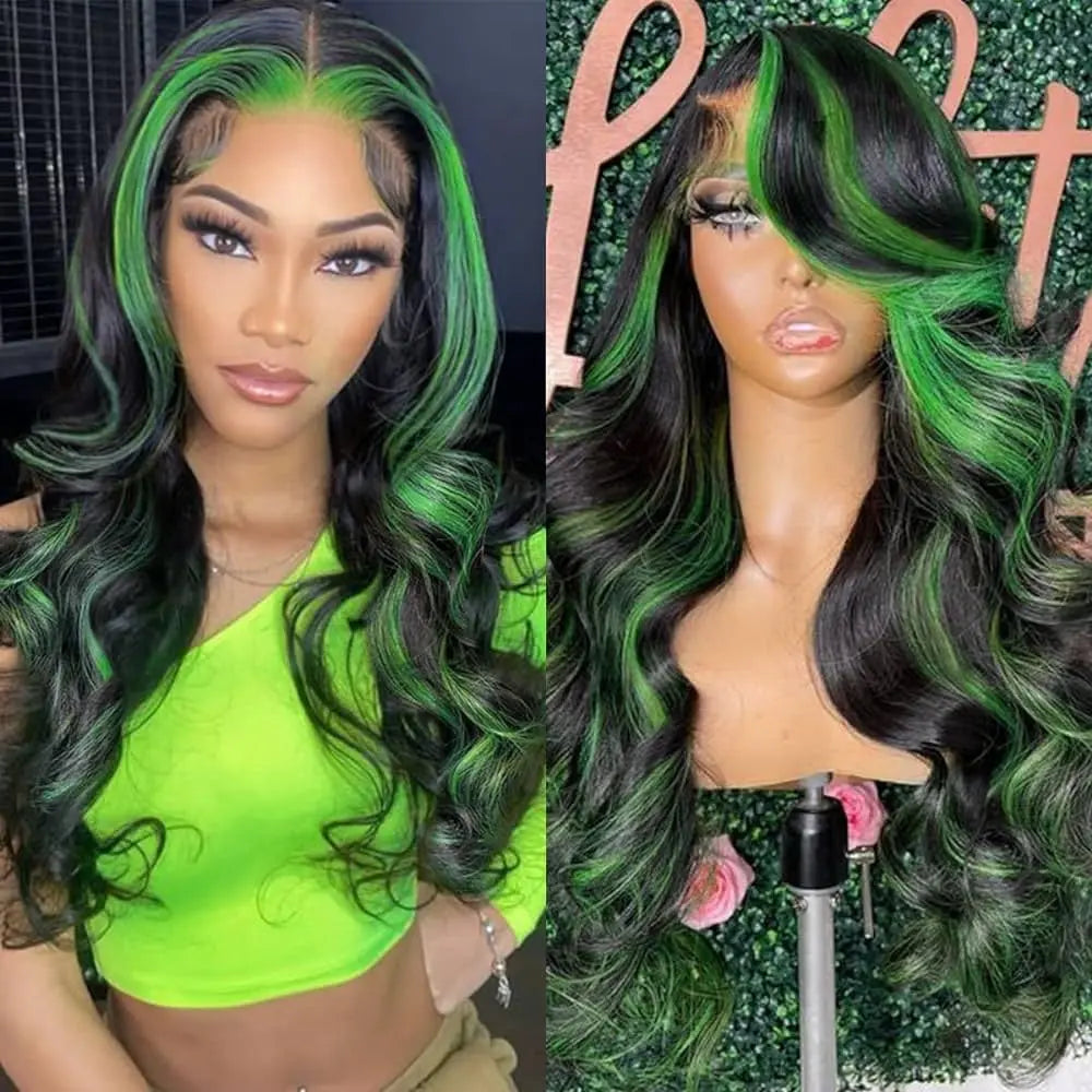 Green Body Wave Human Hair Lace Front Wigs Brazilian Colored Highlight Human Hair