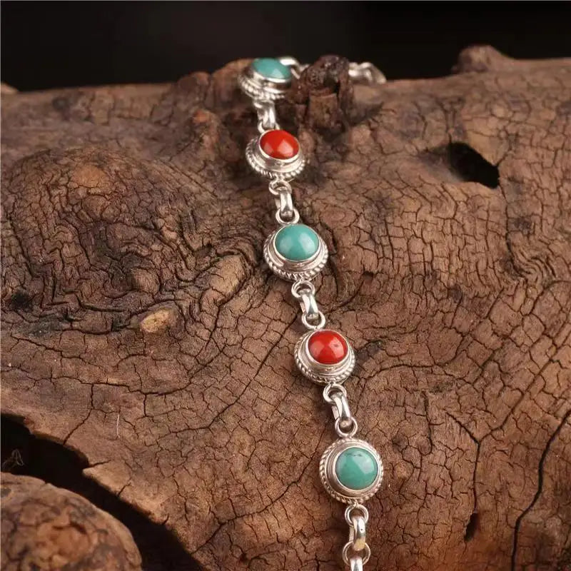 Retro ethnic style southern  turquoise bangles silver 925 charm bracelet for women