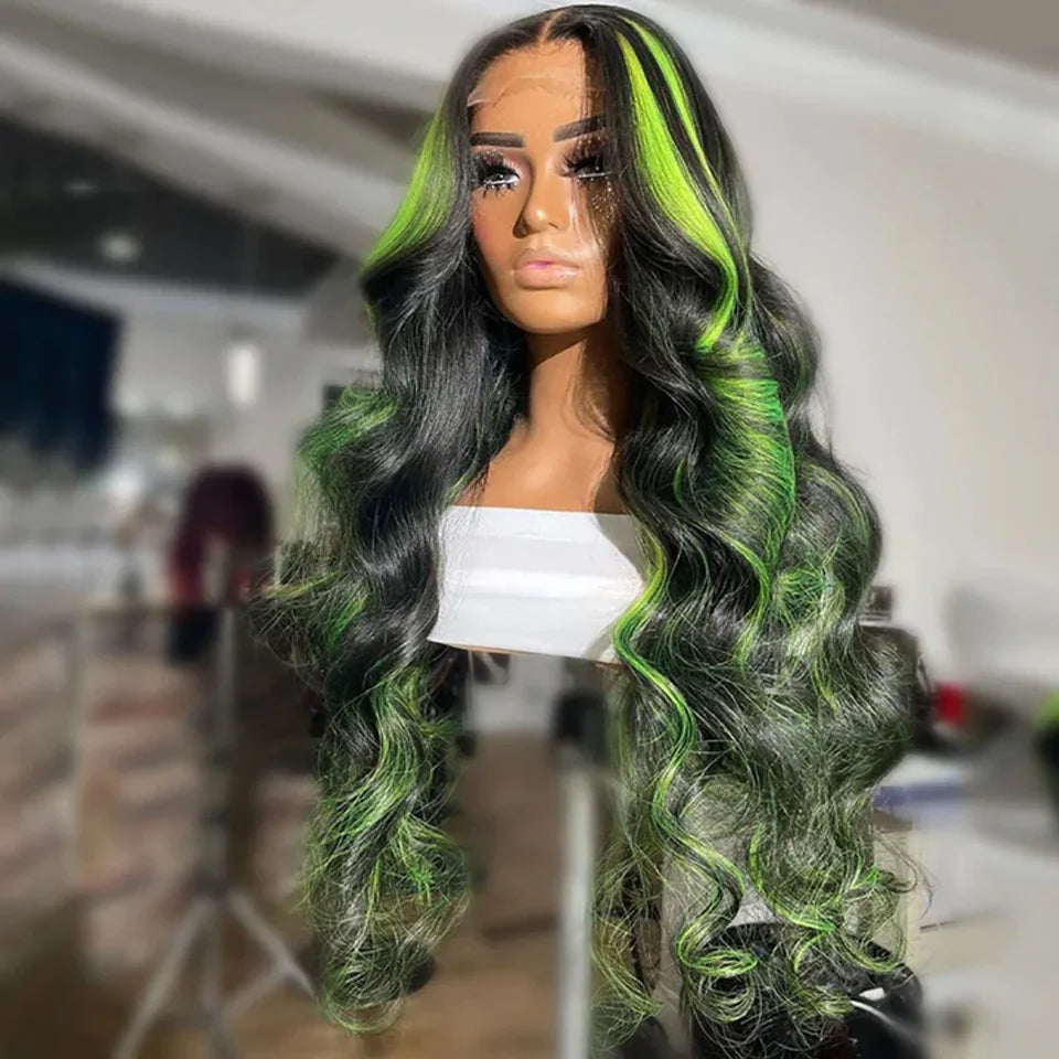 Green Body Wave Human Hair Lace Front Wigs Brazilian Colored Highlight Human Hair