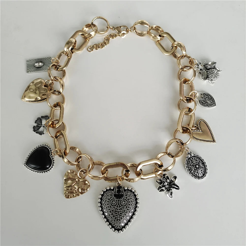 Vintage Love Heart Shape Pendants Choker Necklace