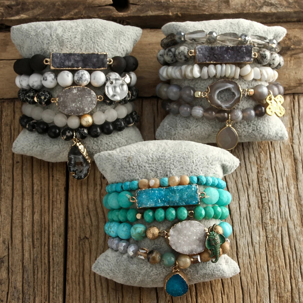 Boho Beaded Bracelet Set-Natural Stone &amp; Druzy 5pc Bracelets
