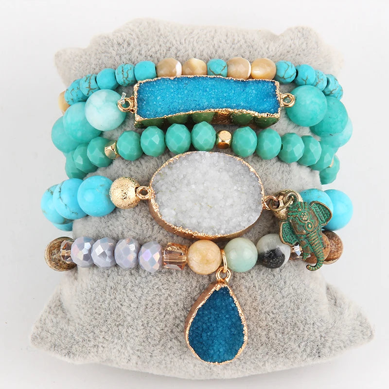 Boho Beaded Bracelet Set-Natural Stone &amp; Druzy 5pc Bracelets