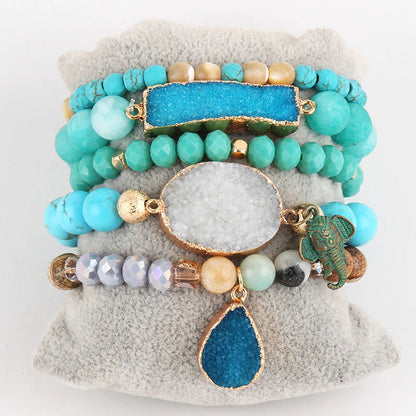 Boho Beaded Bracelet Set-Natural Stone &amp; Druzy 5pc Bracelets